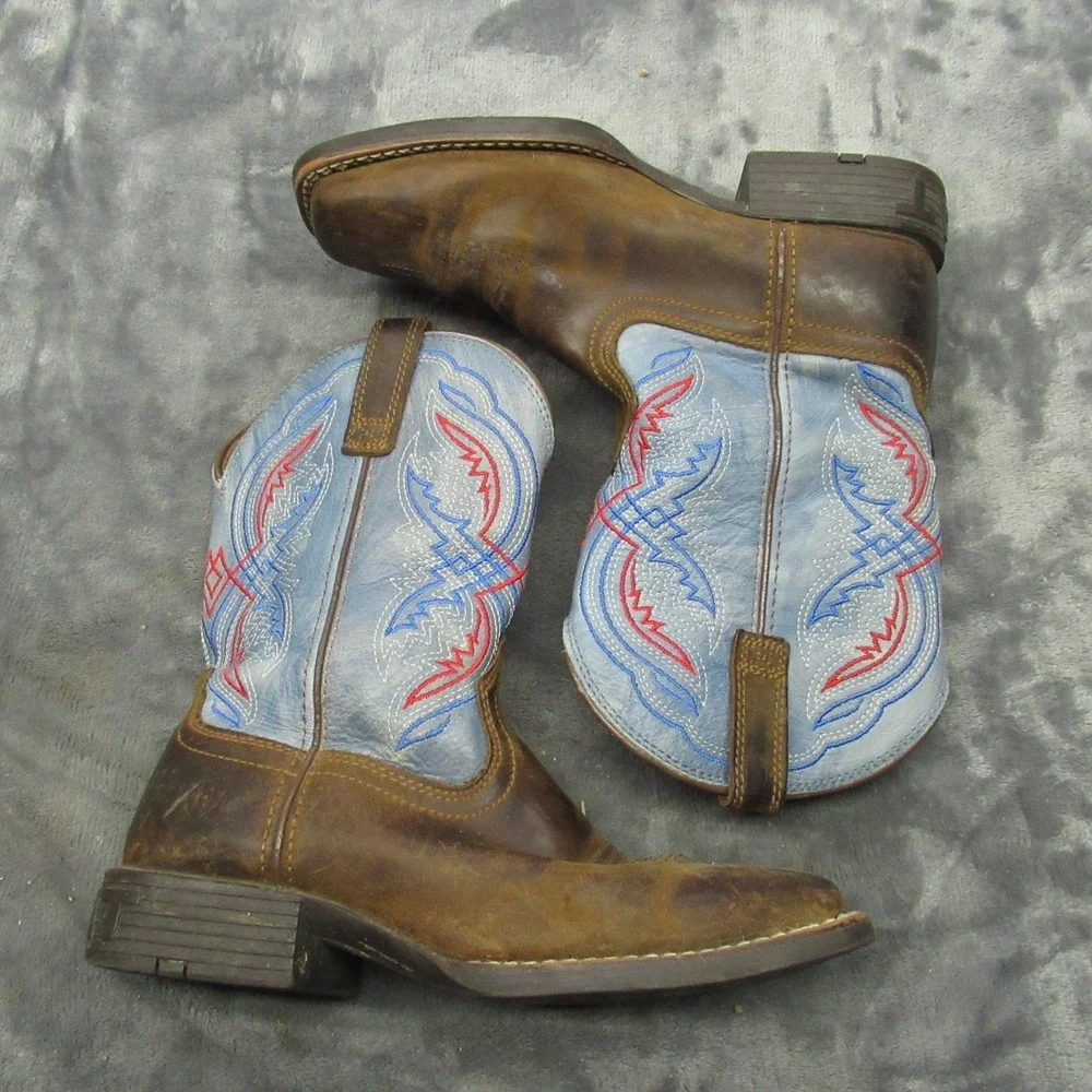 Ariat Kids Boots 2.5 Brown Blue Red Double Kicker‎ Stitching Western Square Toe